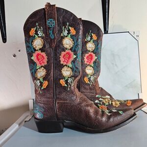 Marcie Bean Floral Embroidered Western‎ Cowboy Boots Brown Leather Cowgirl Boots